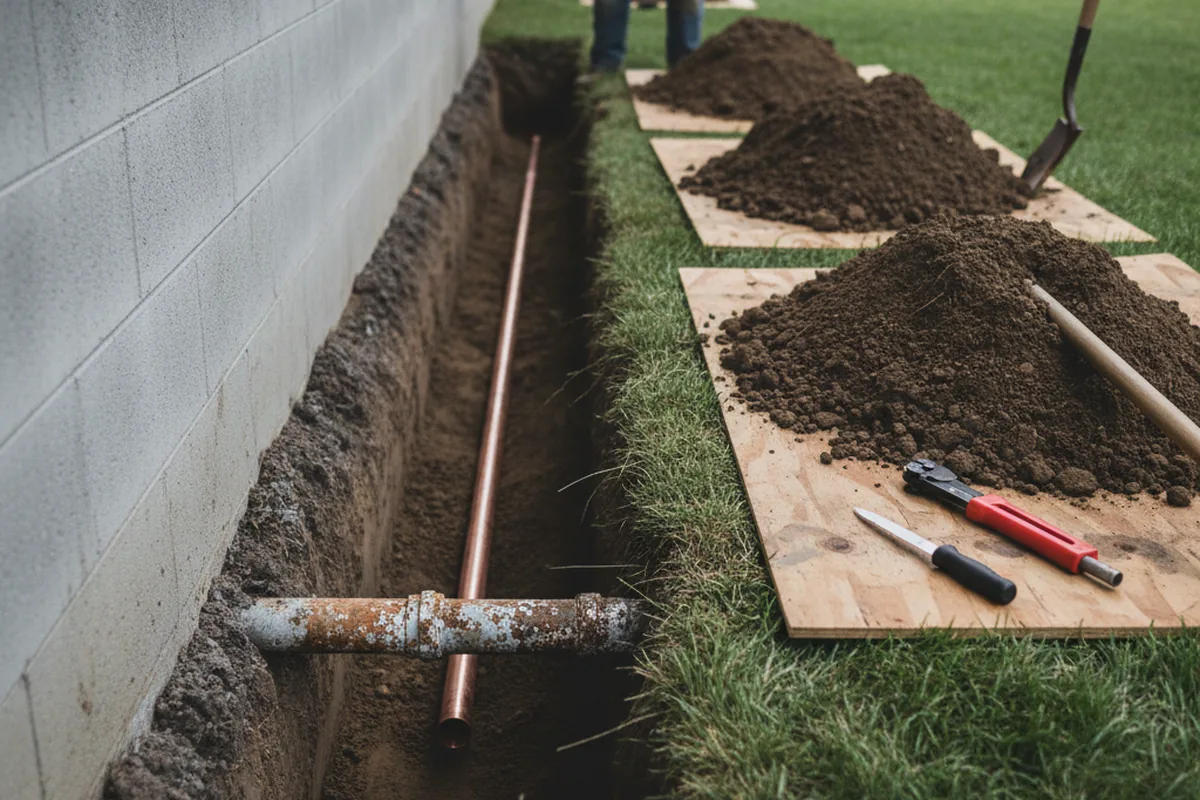Excavated water line trench during Water Heater Repair in Selden